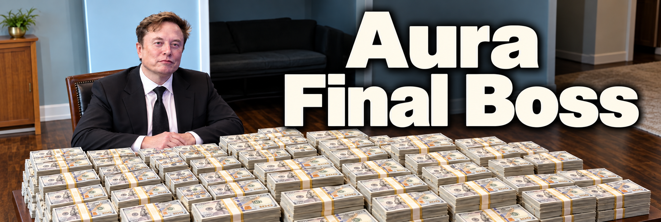 Aura Final Boss banner with Elon and stacks of money