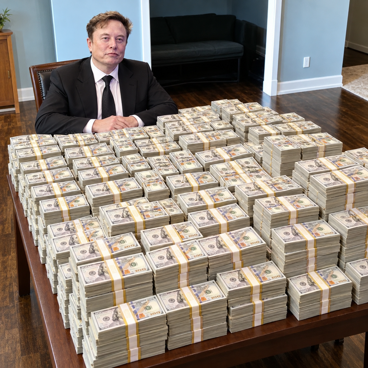 Elon seated behind a table piled high with dollar bundles